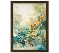 Artery8 Wild Plant Flora in Teal Blue and Orange Modern Watercolour Painting Artwork Framed Wall Art Print A4