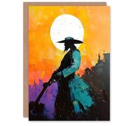 Artery8 Wild West Sunset Desperado Cowboy Concept Art Birthday Greeting Card in Orange Artery8 Orange