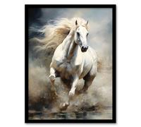 Artery8 Wild White Horse Majestic Mane Oil Painting Art Print Framed Poster Wall Decor 12x16 inch in Black | Size: W12" x H16" Artery8 Black W12" x H16"