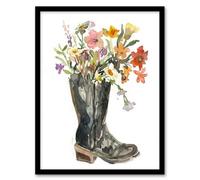 Artery8 Wildflower Bouquet Heeled Army Boot Watercolour Wall Art Print - A4 Size