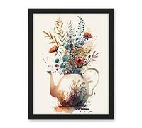 Artery8 Wildflower Bouquet Teapot Vase with Floral Design Artwork Framed Wall Art Print 18X24 Inch