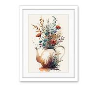 Artery8 Wildflower Bouquet Teapot Vase with Floral Design Artwork Framed Wall Art Print 18X24 Inch