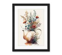 Artery8 Wildflower Bouquet Teapot Vase with Floral Design Artwork Framed Wall Art Print 18X24 Inch