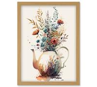 Artery8 Wildflower Bouquet Teapot Vase with Floral Design Artwork Framed Wall Art Print A4 in Light Oak Artery8 Light Oak