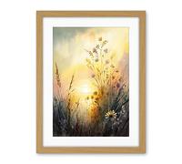 Artery8 Wildflower by Lakeside on a Misty Morning Sunrise Modern Watercolour Painting Artwork Framed Wall Art Print 18X24 Inch