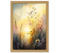 Artery8 Wildflower by Lakeside on a Misty Morning Sunrise Modern Watercolour Painting Artwork Framed A3 Wall Art Print
