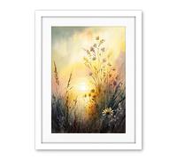 Artery8 Wildflower by Lakeside on a Misty Morning Sunrise Modern Watercolour Painting Artwork Framed Wall Art Print 18X24 Inch