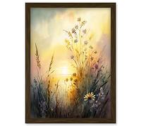 Artery8 Wildflower by Lakeside on a Misty Morning Sunrise Modern Watercolour Painting Artwork Framed Wall Art Print A4