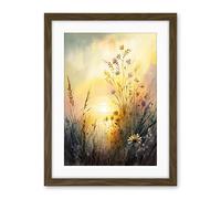 Artery8 Wildflower by Lakeside on a Misty Morning Sunrise Modern Watercolour Painting Artwork Framed Wall Art Print 18X24 Inch