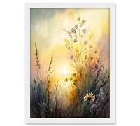 Artery8 Wildflower by Lakeside on a Misty Morning Sunrise Modern Watercolour Painting Artwork Framed A3 Wall Art Print