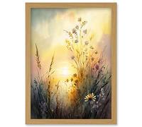 Artery8 Wildflower by Lakeside on a Misty Morning Sunrise Modern Watercolour Painting Artwork Framed Wall Art Print A4