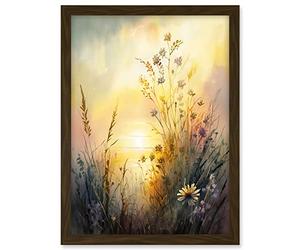 Artery8 Wildflower by Lakeside on a Misty Morning Sunrise Modern Watercolour Painting Artwork Framed A3 Wall Art Print