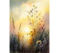 Artery8 Wildflower by Lakeside on a Misty Morning Sunrise Modern Watercolour Painting Large Wall Art Poster Print Thick Paper 18X24 Inch
