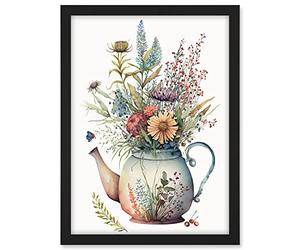 Artery8 Wildflower Floral Bouquet in China Pattern Teapot Artwork Framed A3 Wall Art Print