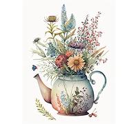 Artery8 Wildflower Floral Bouquet in China Pattern Teapot Large Wall Art Poster Print Thick Paper 18X24 Inch