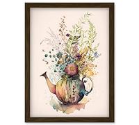 Wildflower Floral Spring Bouquet in a Teapot Vase Artwork Framed Wall Art Print A4 Artery8 Brown One Size