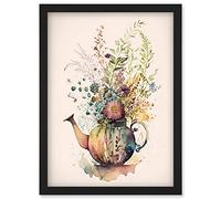 Wildflower Floral Spring Bouquet in a Teapot Vase Artwork Framed Wall Art Print A4 Artery8 Black One Size
