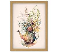 Wildflower Floral Spring Bouquet in a Teapot Vase Artwork Framed Wall Art Print A4 Artery8 Light Oak One Size