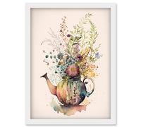 Artery8 Wildflower Floral Spring Bouquet in a Teapot Vase Artwork Framed Wall Art Print A4 in White Artery8 White