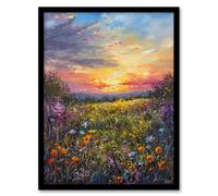 Artery8 Wildflower Meadow at Sunset Oil Painting Summer Framed Art Print | Size: W12" x H16" Artery8 Multicolor W12" x H16"
