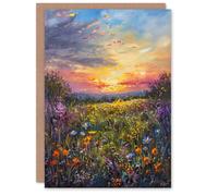 Artery8 Wildflower Meadow at Sunset Oil Painting Summer Greeting Birthday Card Him Her All Blank
