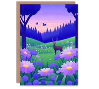 Artery8 Wildflower Meadow Deer Purple Forest Graphic Birthday Greeting Card in Blue Artery8 Blue