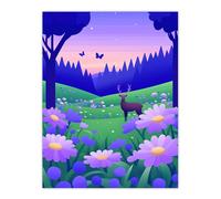 Wildflower Meadow Deer Purple Forest Graphic Wall Art Print Artery8 Blue W24 inch x H32 inch