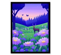 Artery8 Wildflower Meadow Deer Purple Forest Graphic Nursery Kids Bedroom Artwork Framed Wall Art Print A4