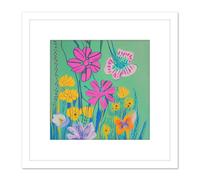 Artery8 Wildflower Meadow of Pink & Yellow Flowers in Bloom Vibrant Abstract Painting Square Wooden Framed Wall Art Print Picture 8X8 Inch in White Artery8 White