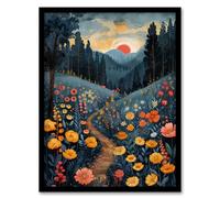 Wall Art Print Wildflower Path at Sunset Floral Nature Landscape Art Framed Poster Artery8 Black A4