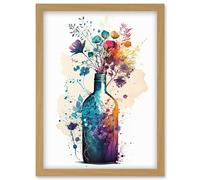 Artery8 Wildflower Spring Bouquet in Glass Wine Bottle Artwork Framed Wall Art Print A4 in Light Oak Artery8 Light Oak