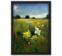 Doppelganger33 LTD Wildflower Summer Meadow Floral Landscape Oil Artwork Framed Wall Art Print A4