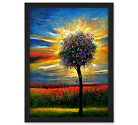 Artery8 Wildflower Tree Sunset Poppy Meadow Oil Artwork Framed Wall Art Print A4 in Black Artery8 Black
