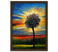 Artery8 Wildflower Tree Sunset Poppy Meadow Oil Artwork Framed Wall Art Print A4 in Brown Artery8 Brown
