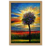 Artery8 Wildflower Tree Sunset Poppy Meadow Oil Artwork Framed Wall Art Print A4 in Light Oak Artery8 Light Oak