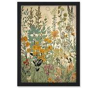 Artery8 Wildflower Vintage Botanical Painting Pastel Yellow Green Teal Pink Spring Field Artwork Framed A3 Wall Art Print