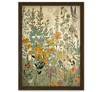 Artery8 Wildflower Vintage Botanical Painting Pastel Yellow Green Teal Pink Spring Field Artwork Framed Wall Art Print A4