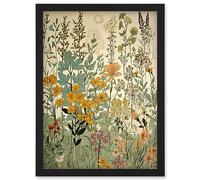 Artery8 Wildflower Vintage Botanical Painting Pastel Yellow Green Teal Pink Spring Field Artwork Framed Wall Art Print A4