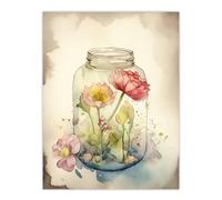 Artery8 Wildflowers In Glass Jar Soft Watercolour Painting Pink Spring Flowers Blooms Nature Colourful Bright Floral Modern Artwork Large Wall Art Poster Print Thick Paper 18X24 Inch