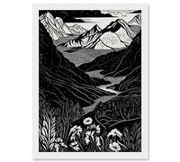 Artery8 Wildflowers in Spring Mountain Landscape Linocut Artwork Framed A3 Wall Art Print