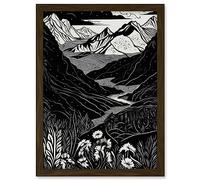 Artery8 Wildflowers in Spring Mountain Landscape Linocut Artwork Framed A3 Wall Art Print