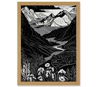Artery8 Wildflowers in Spring Mountain Landscape Linocut Artwork Framed A3 Wall Art Print