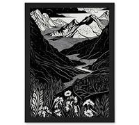 Artery8 Wildflowers in Spring Mountain Landscape Linocut Artwork Framed A3 Wall Art Print
