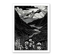 Artery8 Wildflowers in Spring Mountain Landscape Linocut Artwork Framed Wall Art Print 18X24 Inch