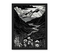 Artery8 Wildflowers in Spring Mountain Landscape Linocut Artwork Framed Wall Art Print 18X24 Inch