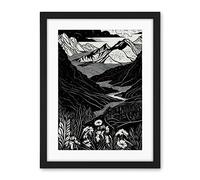 Artery8 Wildflowers in Spring Mountain Landscape Linocut Artwork Framed Wall Art Print 18X24 Inch