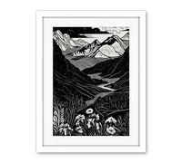Artery8 Wildflowers in Spring Mountain Landscape Linocut Artwork Framed Wall Art Print 18X24 Inch