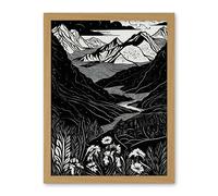Artery8 Wildflowers in Spring Mountain Landscape Linocut Artwork Framed Wall Art Print 18X24 Inch