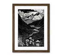 Artery8 Wildflowers in Spring Mountain Landscape Linocut Artwork Framed Wall Art Print 18X24 Inch