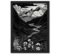 Artery8 Wildflowers in Spring Mountain Landscape Linocut Artwork Framed Wall Art Print A4